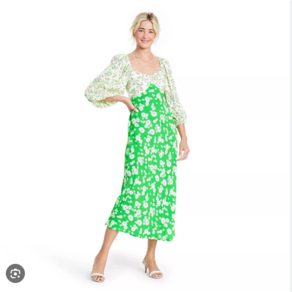 RIXO Green and White Floral Midi Dress
